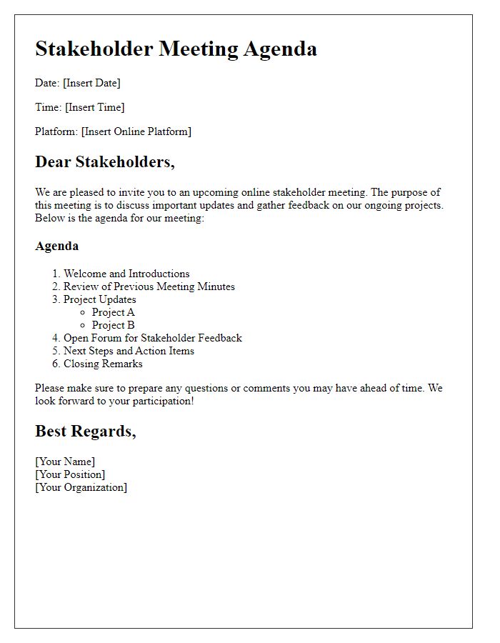 Letter template of outlining agenda for an online stakeholder meeting