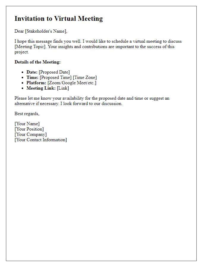 Letter template of scheduling a virtual meeting with stakeholders