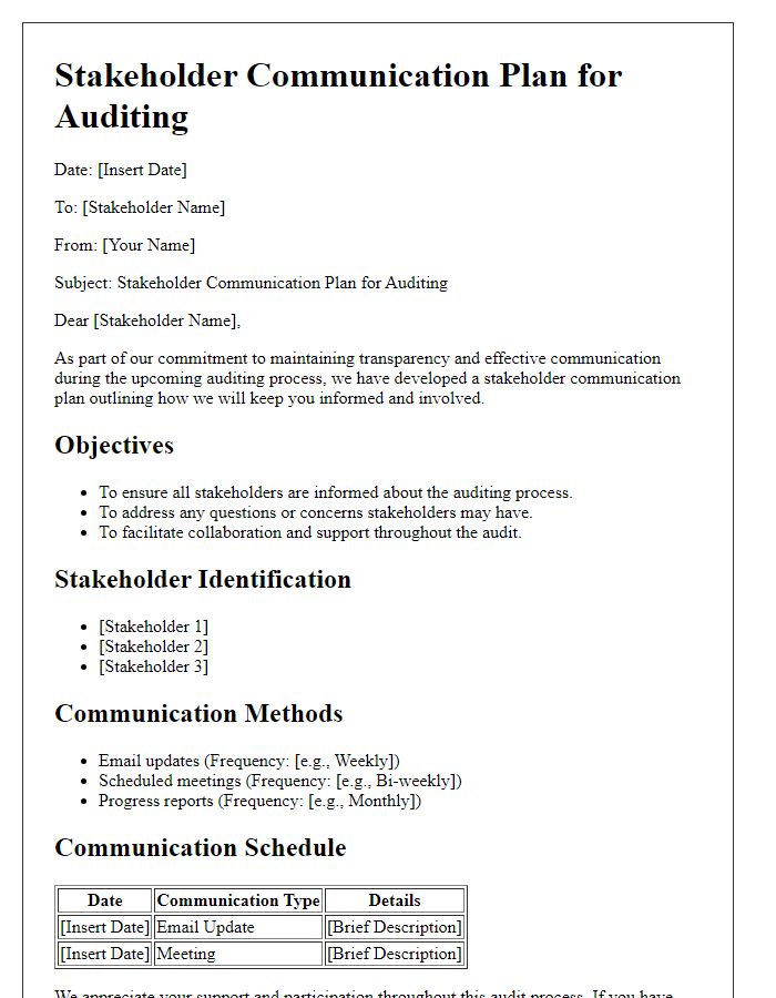 Letter template of stakeholder communication plan for auditing.