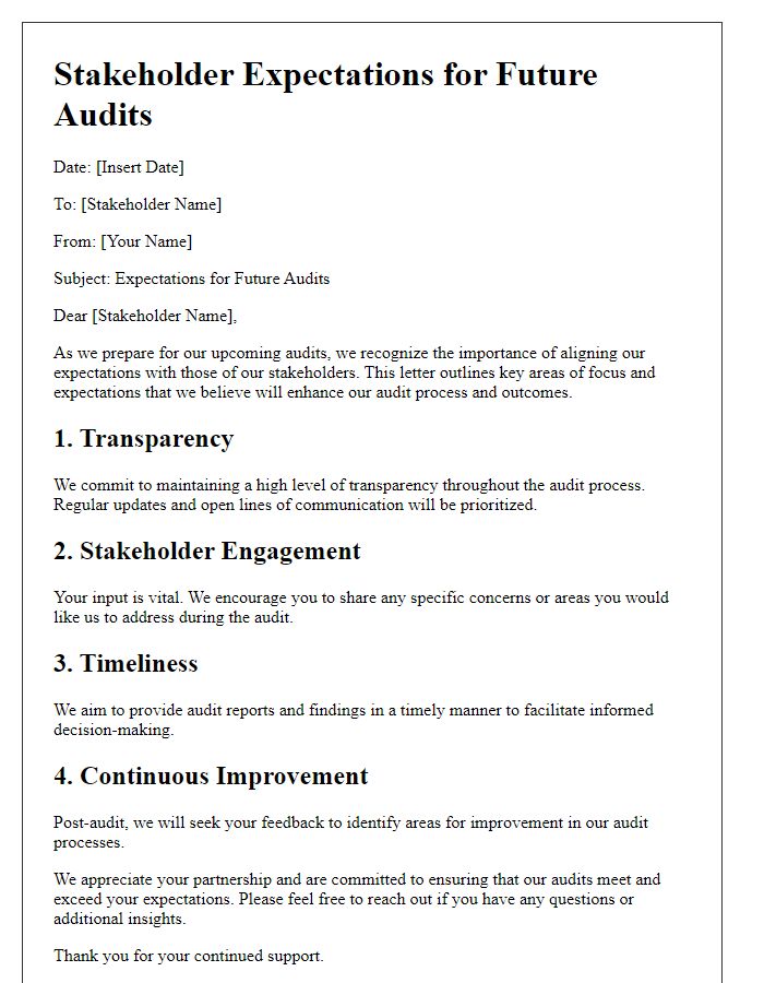 Letter template of stakeholder expectations for future audits.