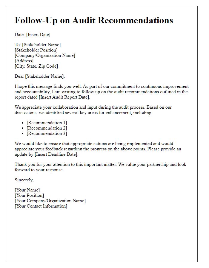 Letter template of stakeholder follow-up on audit recommendations.