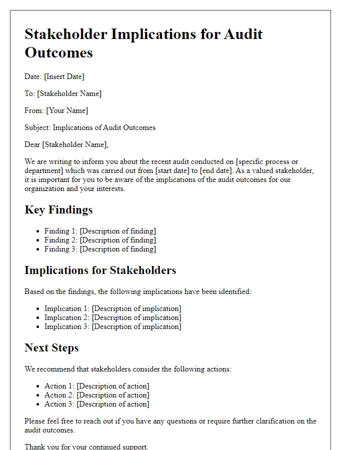 Letter template of stakeholder implications for audit outcomes.