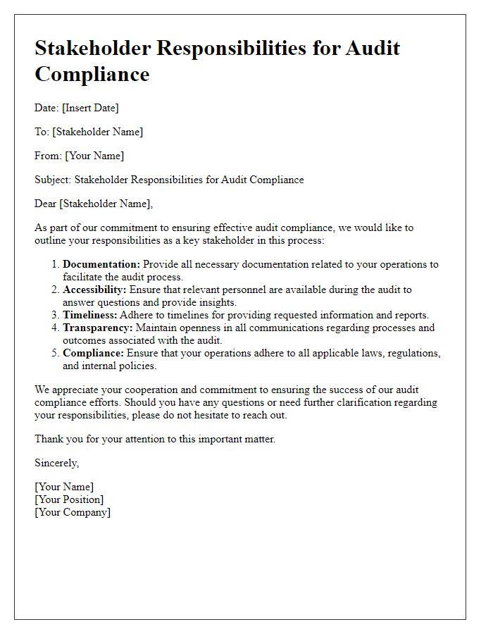 Letter template of stakeholder responsibilities for audit compliance.