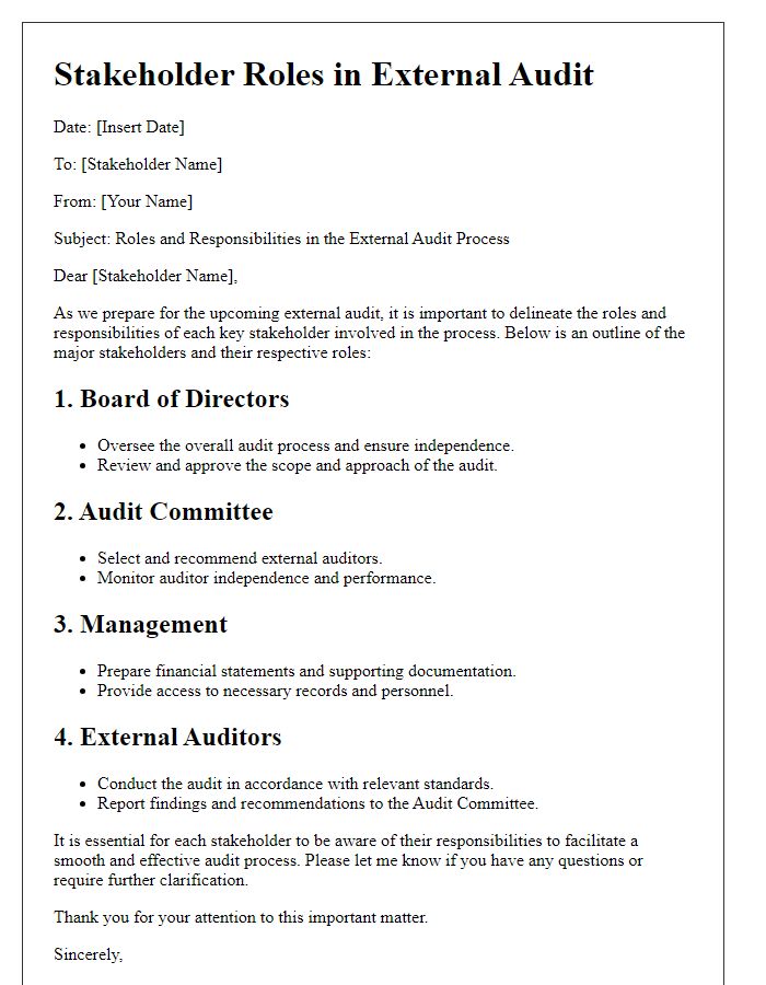 Letter template of stakeholder roles in external audit.