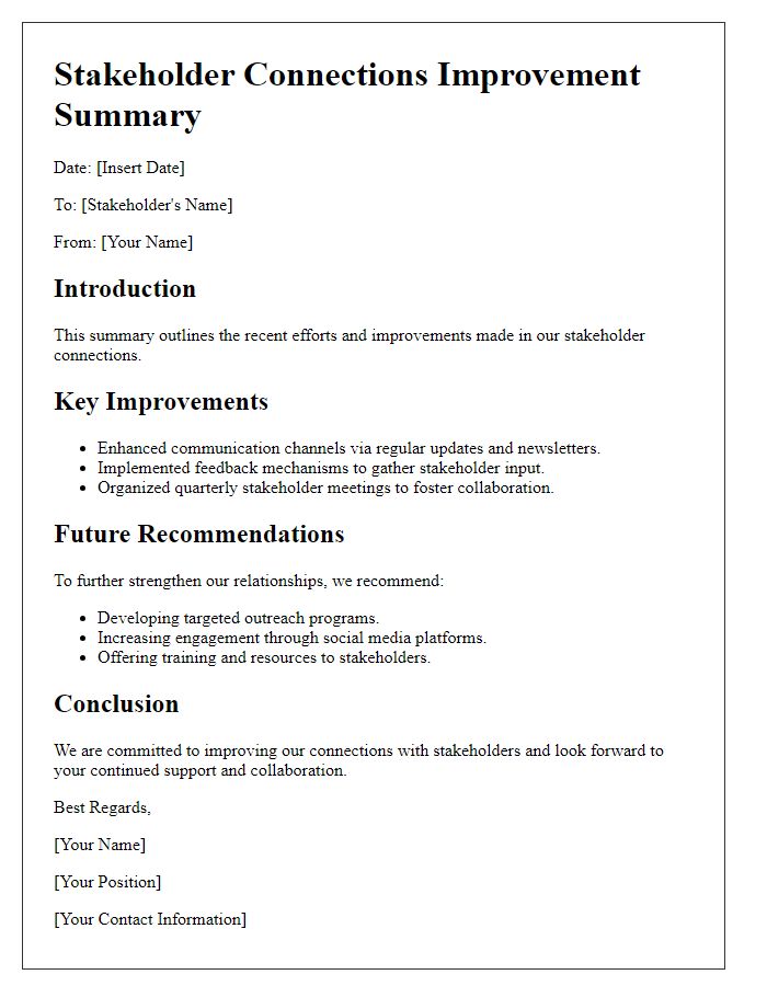 Letter template of stakeholder connections improvement summary