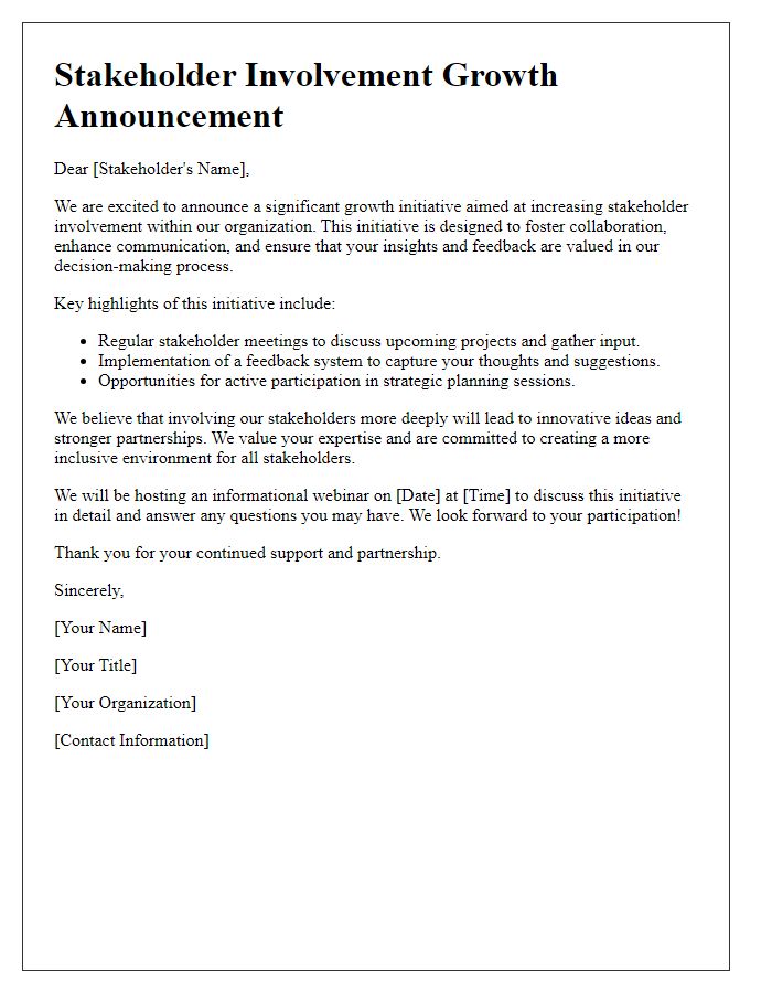 Letter template of stakeholder involvement growth announcement