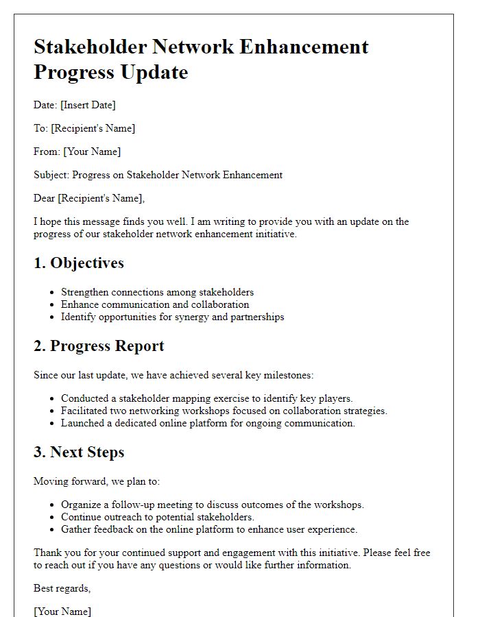 Letter template of stakeholder network enhancement progress