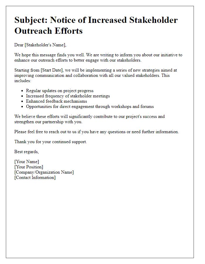 Letter template of stakeholder outreach increase notification