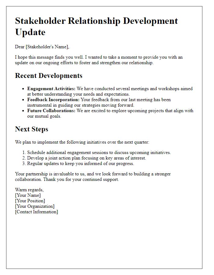 Letter template of stakeholder relationship development update