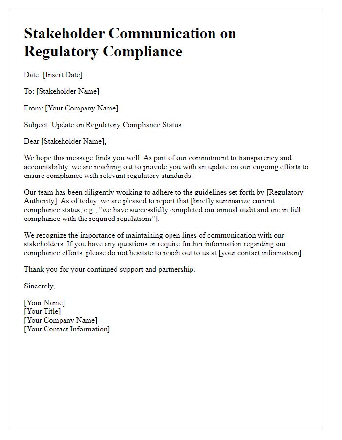 Letter template of stakeholder communications regarding regulatory compliance