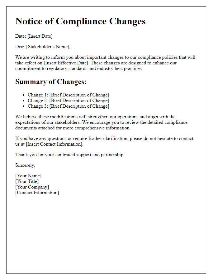 Letter template of stakeholder notice on compliance changes