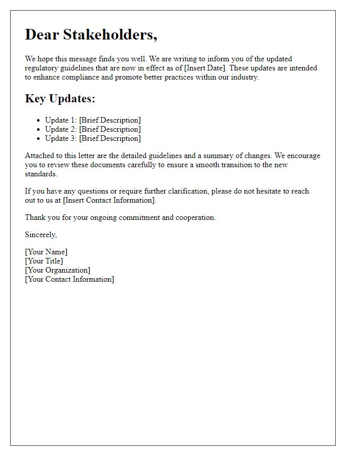 Letter template of updated regulatory guidelines for stakeholders