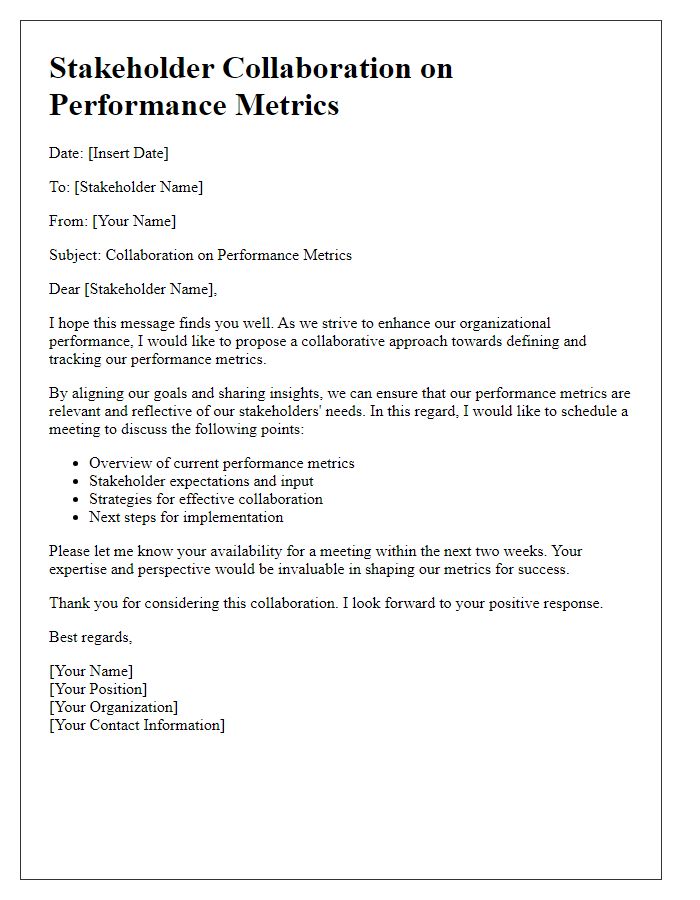 Letter template of stakeholder collaboration on performance metrics