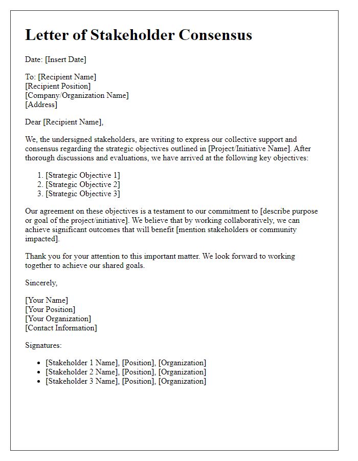 Letter template of stakeholder consensus for strategic objectives