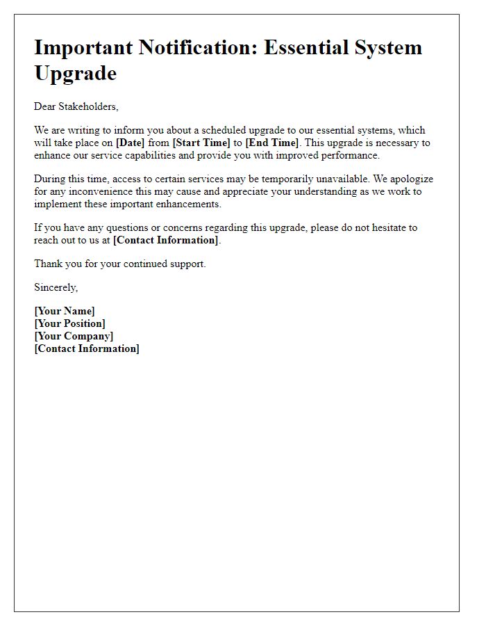 Letter template of essential system upgrade notification for stakeholders