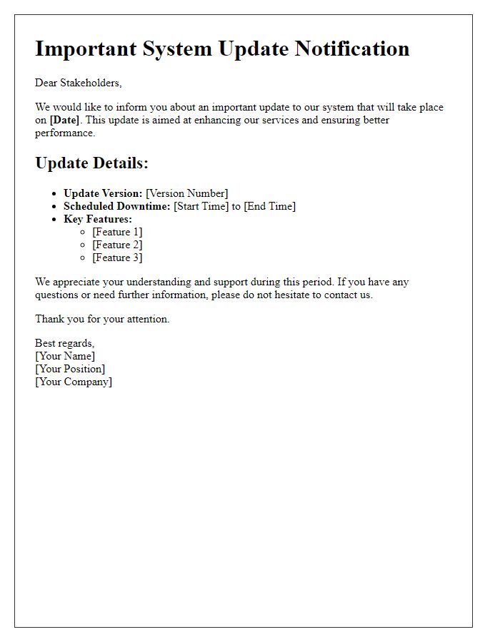 Letter template of important system update for stakeholder awareness