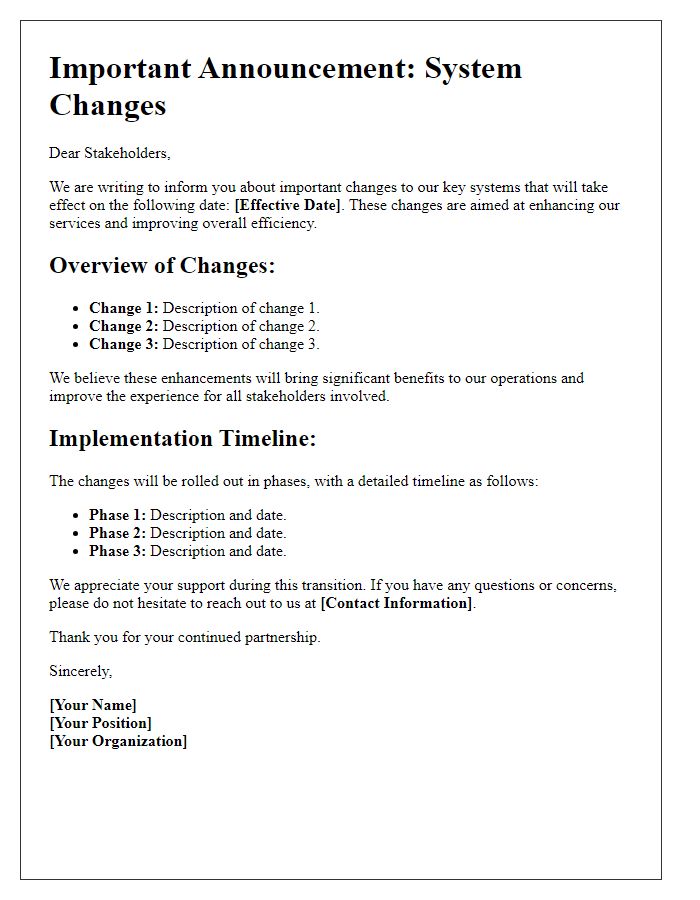 Letter template of key system changes announcement for stakeholders