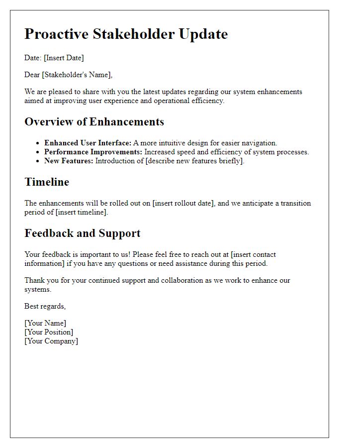 Letter template of proactive stakeholder update on system enhancements