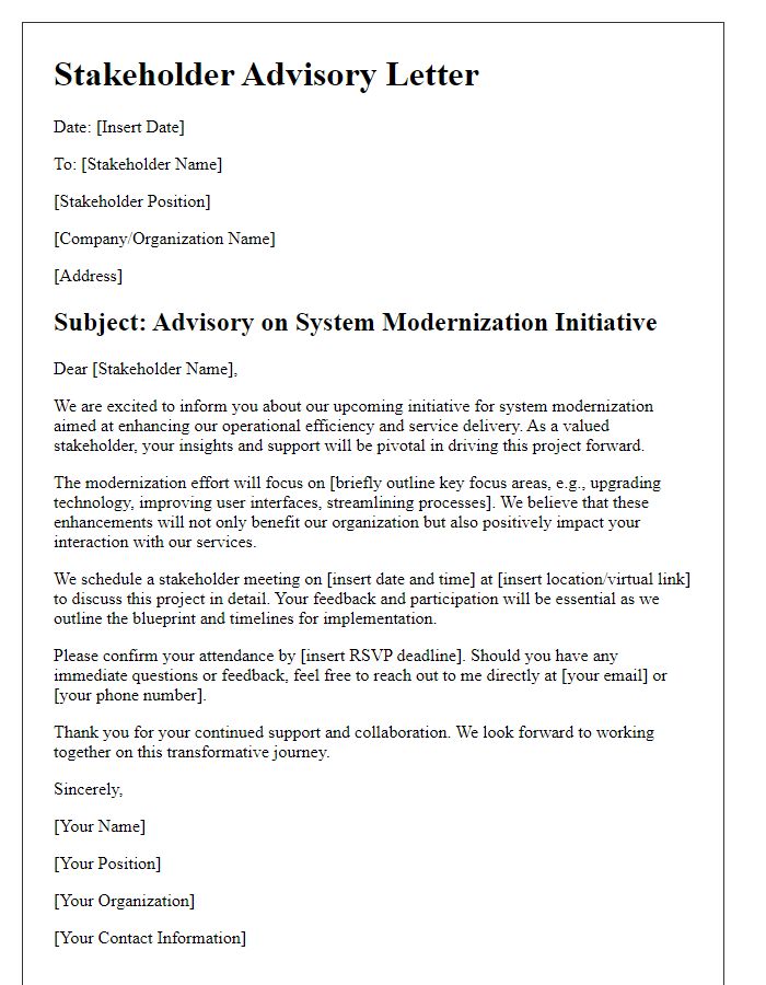 Letter template of stakeholder advisory for system modernization