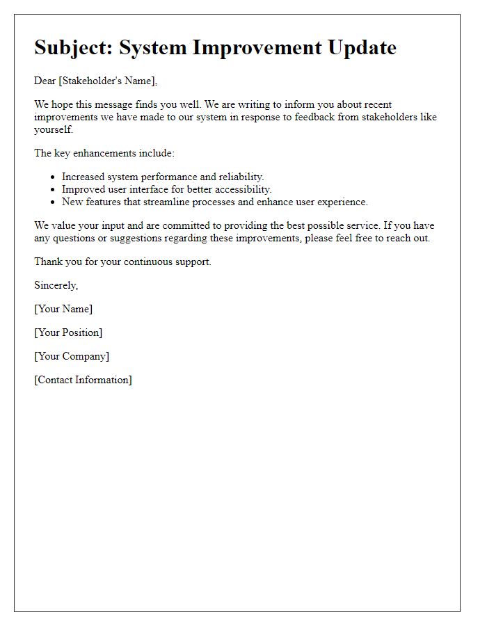 Letter template of stakeholder information on system improvement