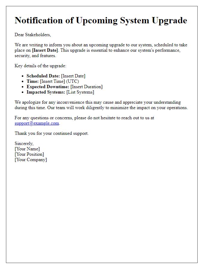 Letter template of system upgrade notification for stakeholders