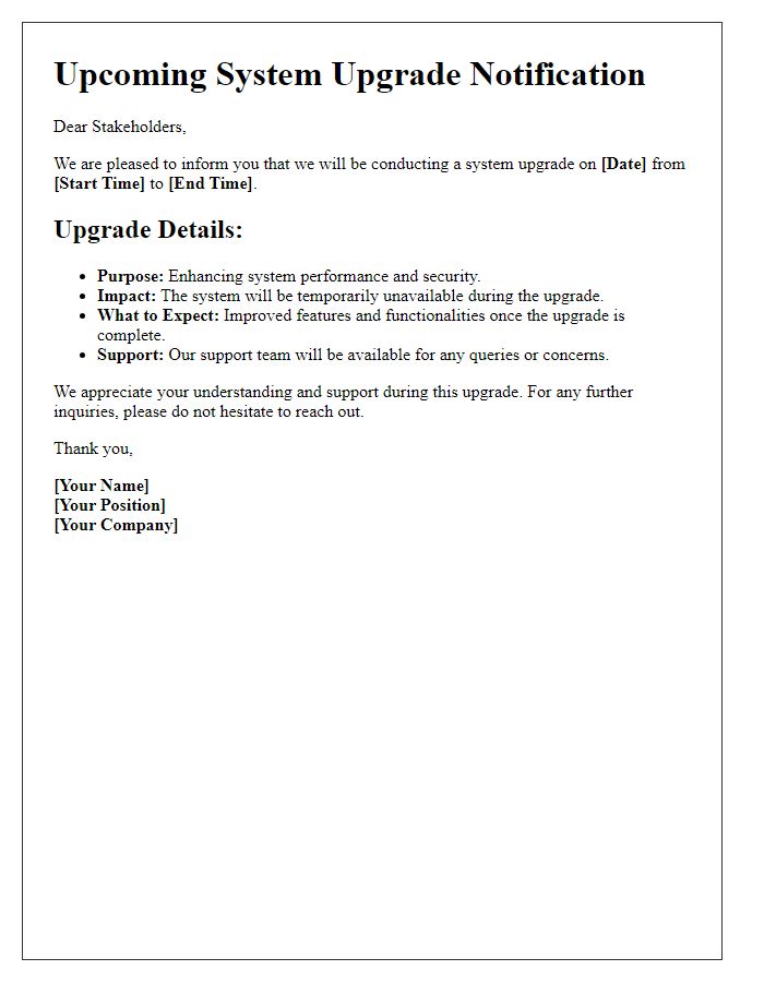 Letter template of upcoming system upgrade details for stakeholders