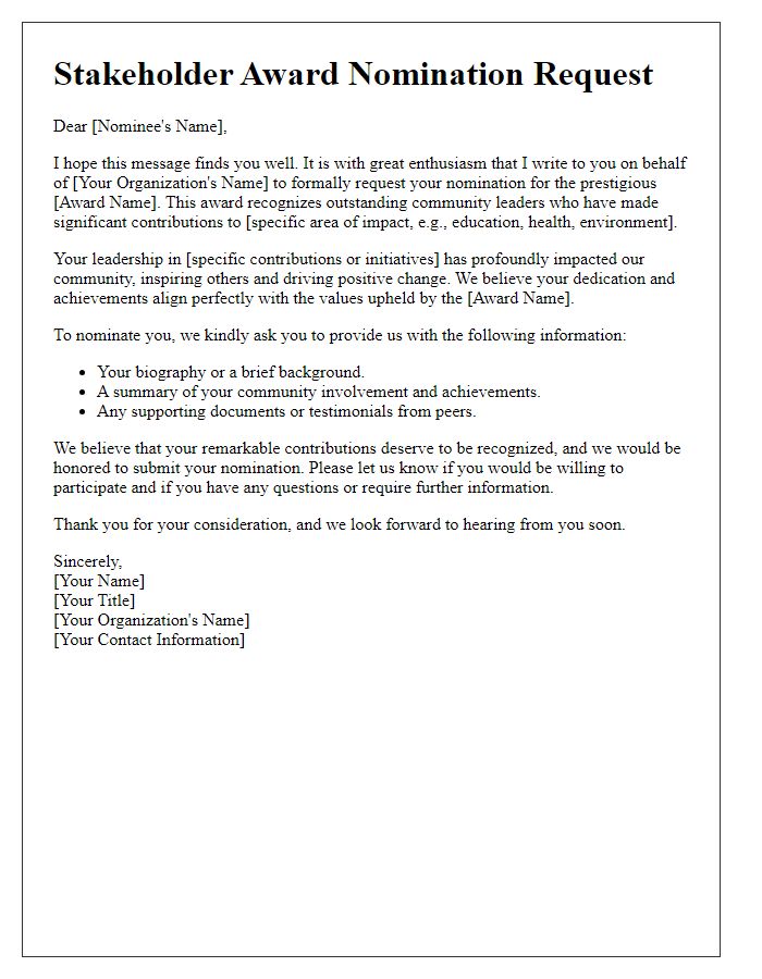 Letter template of stakeholder award nomination request for community leaders.