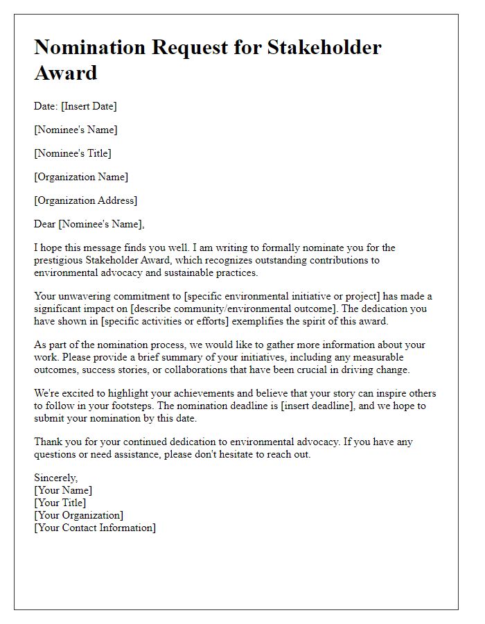 Letter template of stakeholder award nomination request for environmental advocates.