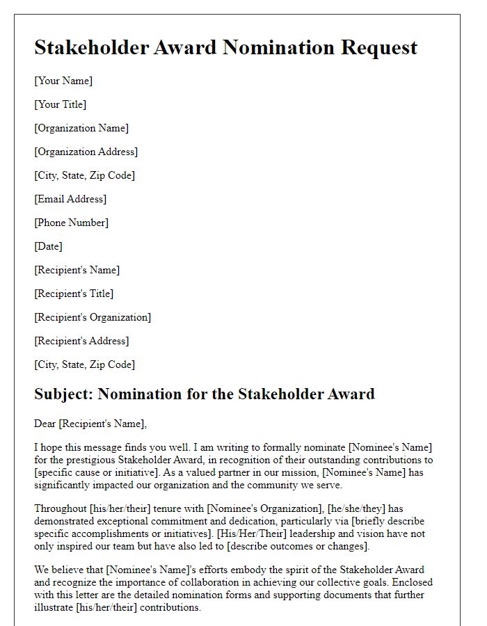 Letter template of stakeholder award nomination request for non-profit organizations.