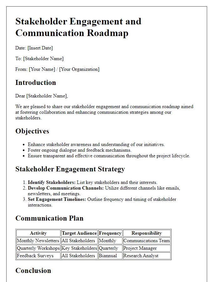 Letter template of stakeholder engagement and communication roadmap