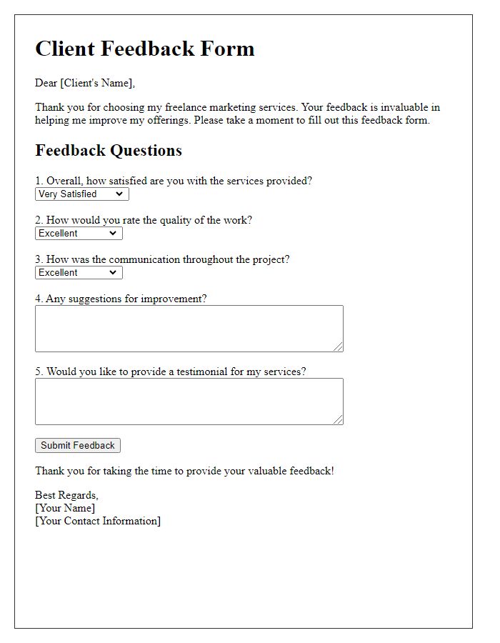 Letter template of freelance marketing client feedback form