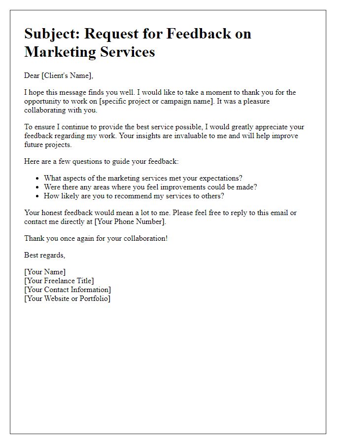 Letter template of freelance marketing feedback request