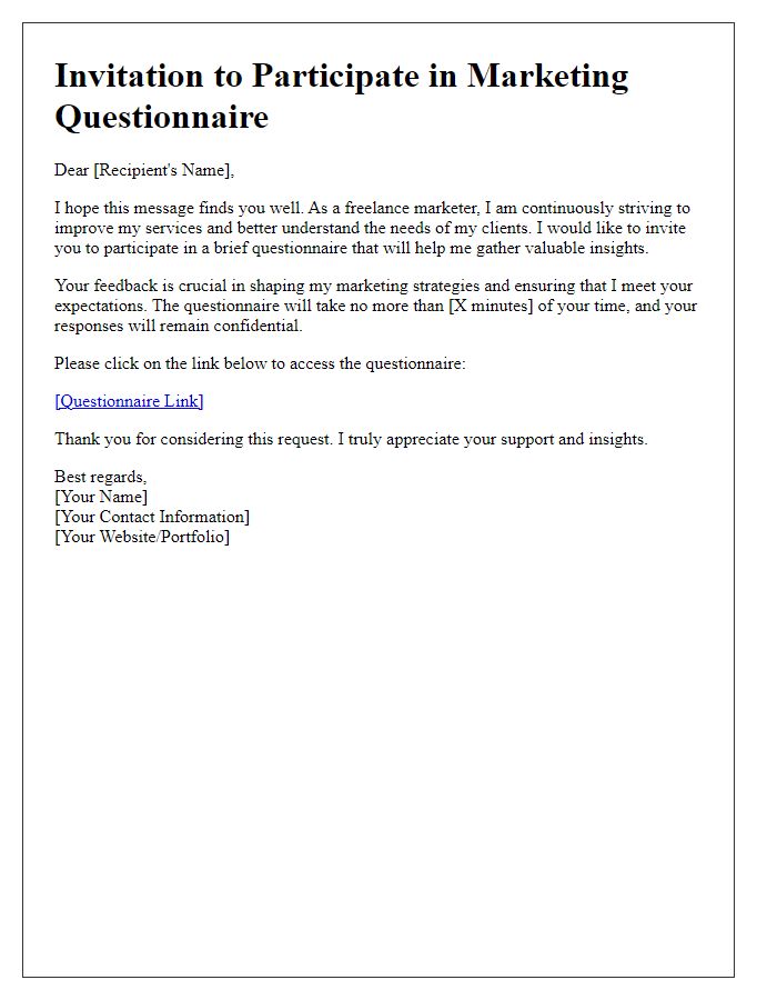 Letter template of freelance marketing questionnaire invitation