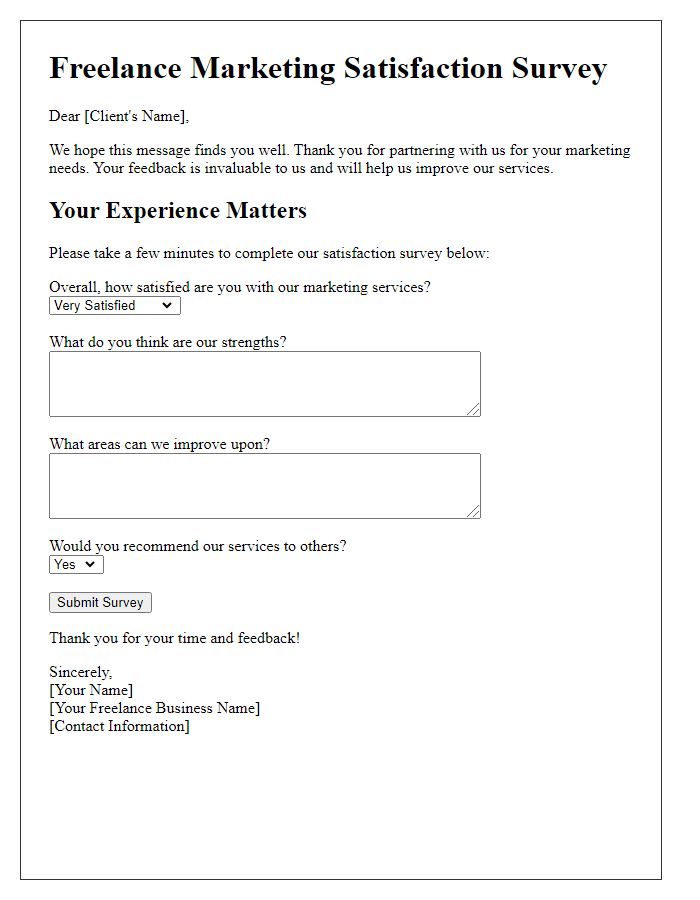 Letter template of freelance marketing satisfaction survey