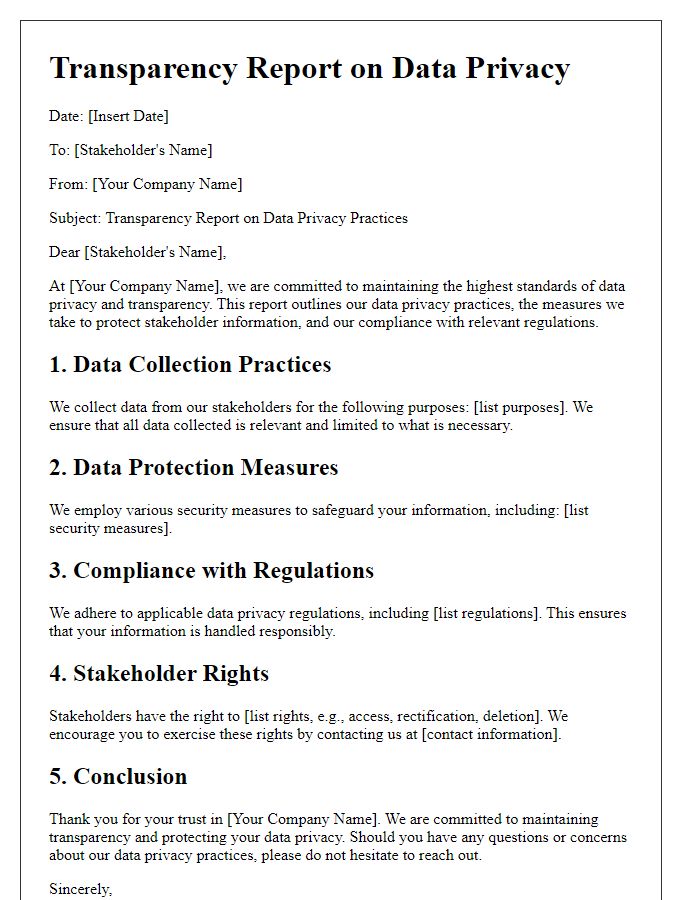 Letter template of transparency report for stakeholders on data privacy