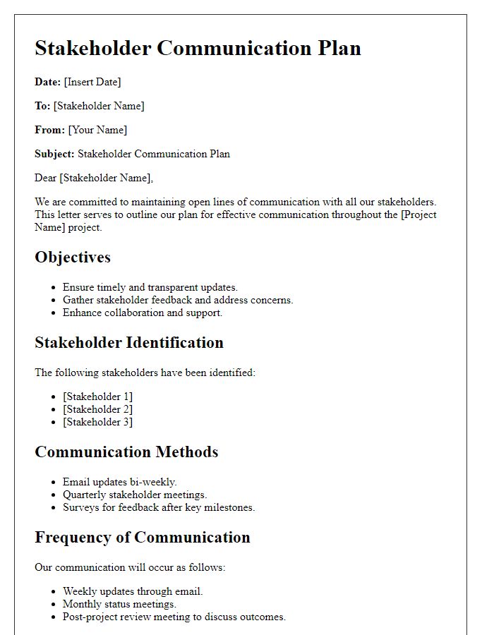 Letter template of stakeholder communication plan.