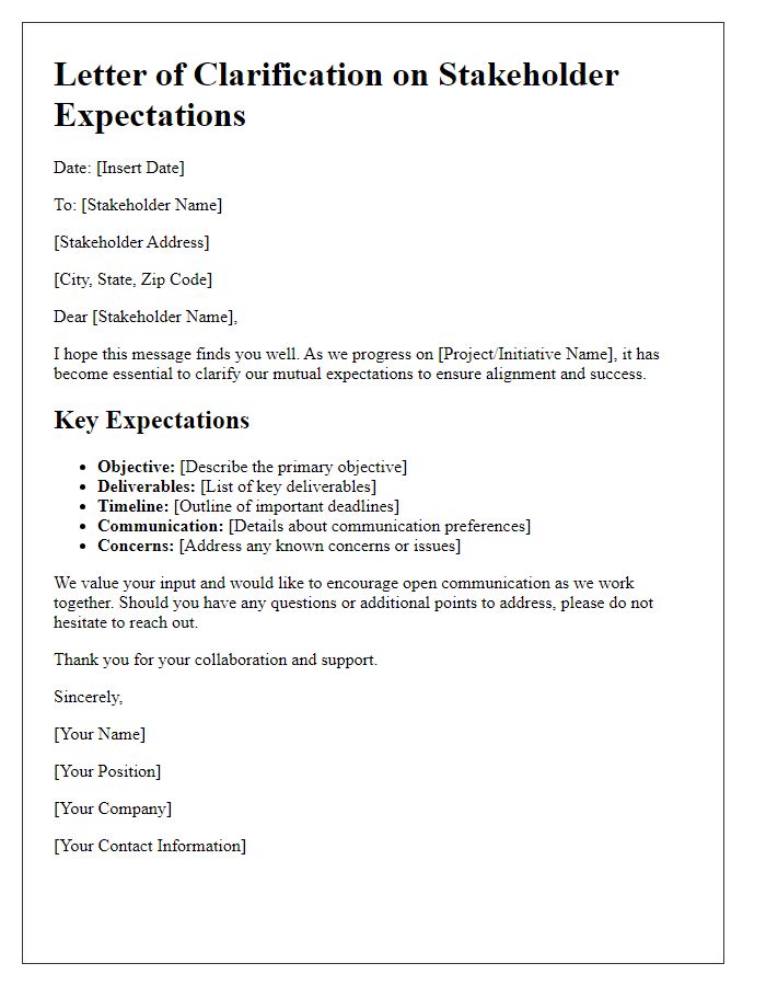 Letter template of stakeholder expectations clarification.