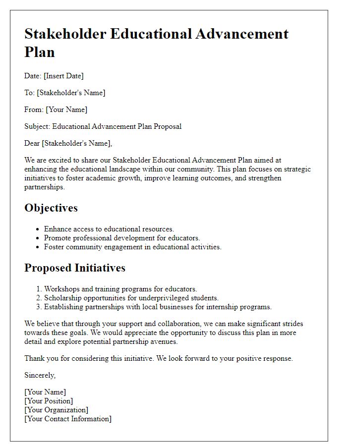 Letter template of stakeholder educational advancement plan.