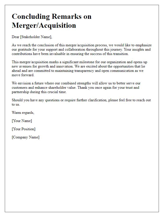 Letter template of stakeholder merger or acquisition concluding remarks