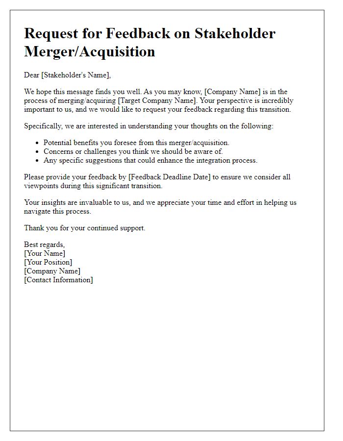 Letter template of stakeholder merger or acquisition feedback request