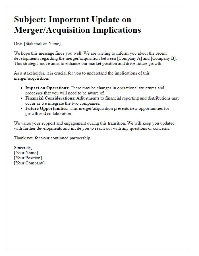 Letter template of stakeholder merger or acquisition implications