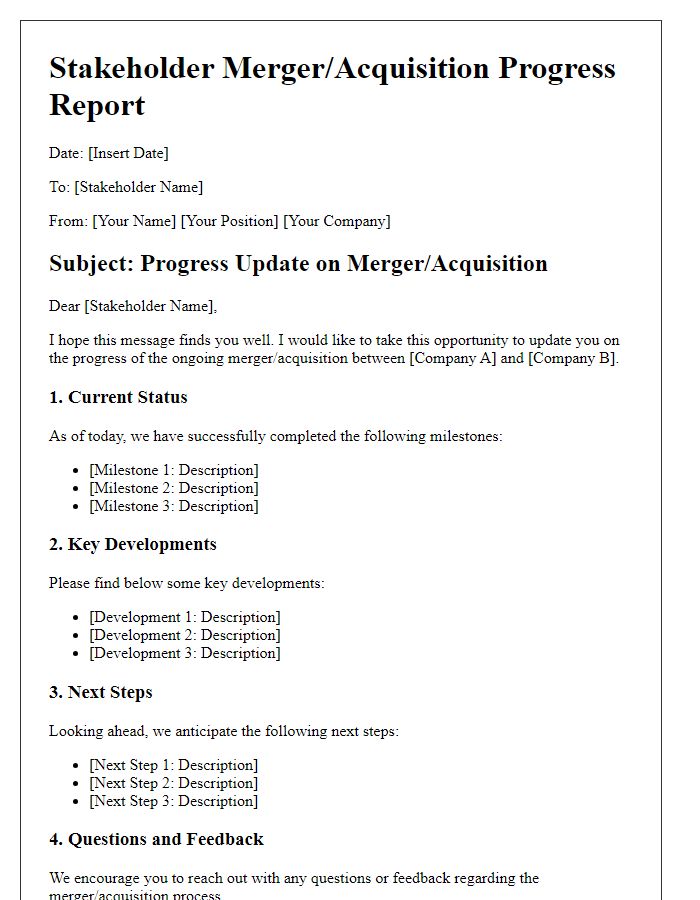 Letter template of stakeholder merger or acquisition progress report