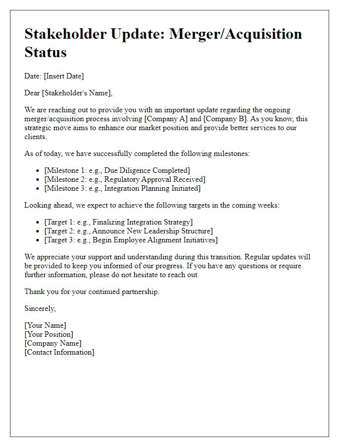 Letter template of stakeholder merger or acquisition status update