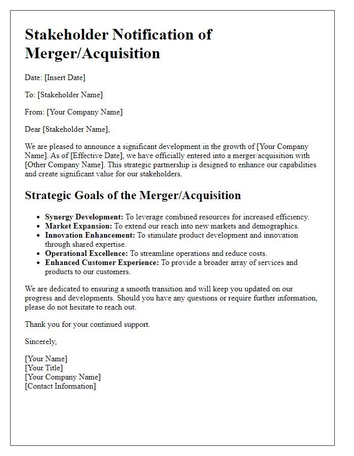 Letter template of stakeholder merger or acquisition strategic goals