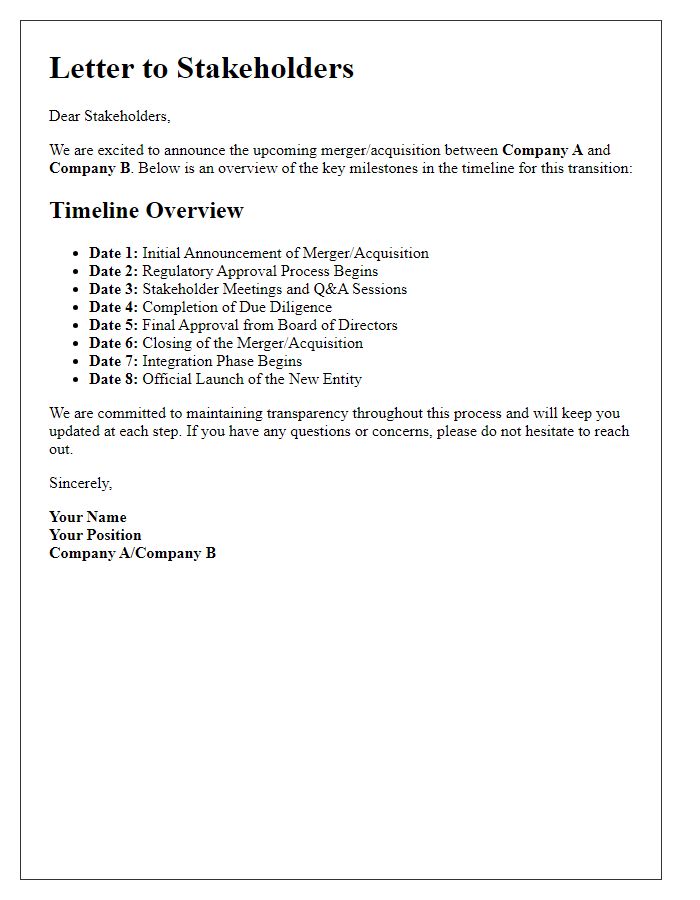 Letter template of stakeholder merger or acquisition timeline overview