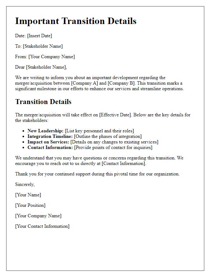 Letter template of stakeholder merger or acquisition transition details