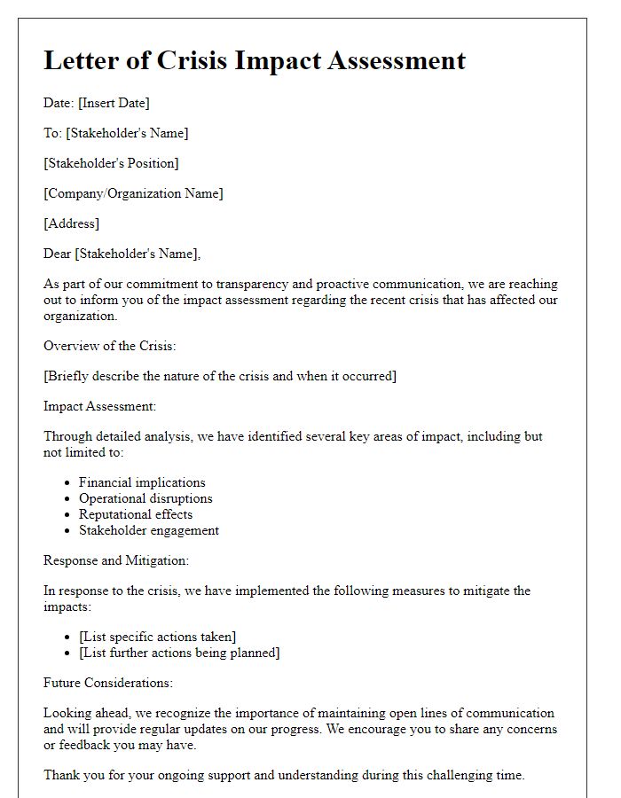 Letter template of crisis impact assessment for stakeholders.