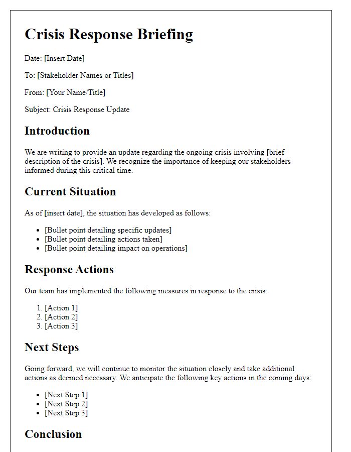 Letter template of crisis response briefing for stakeholders.