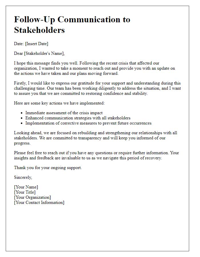 Letter template of follow-up communication for stakeholders post-crisis.