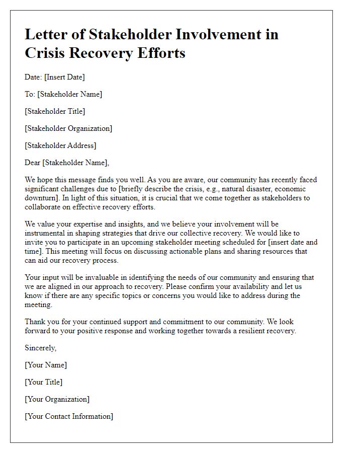 Letter template of stakeholder involvement in crisis recovery efforts.